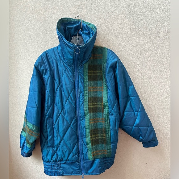 vintage London Fog Glacial Fog Puffer Ski Jacket Turquoise purple plaid womens S - Picture 2 of 9